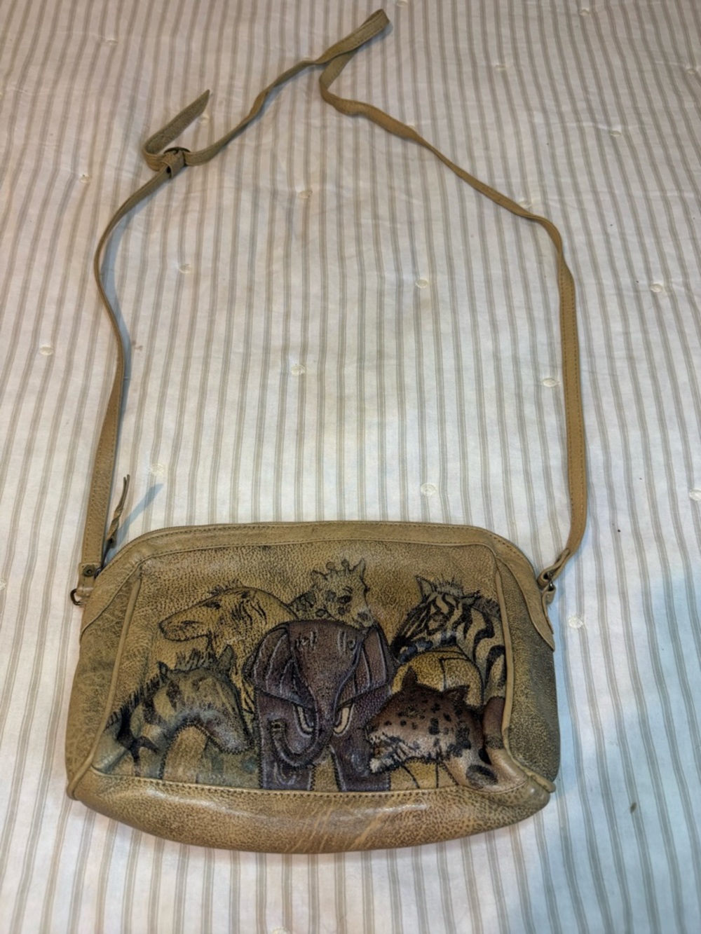 Vintage Emily Ann Boca Raton Hand-Painted Safari Leather Crossbody Bag Boho Art